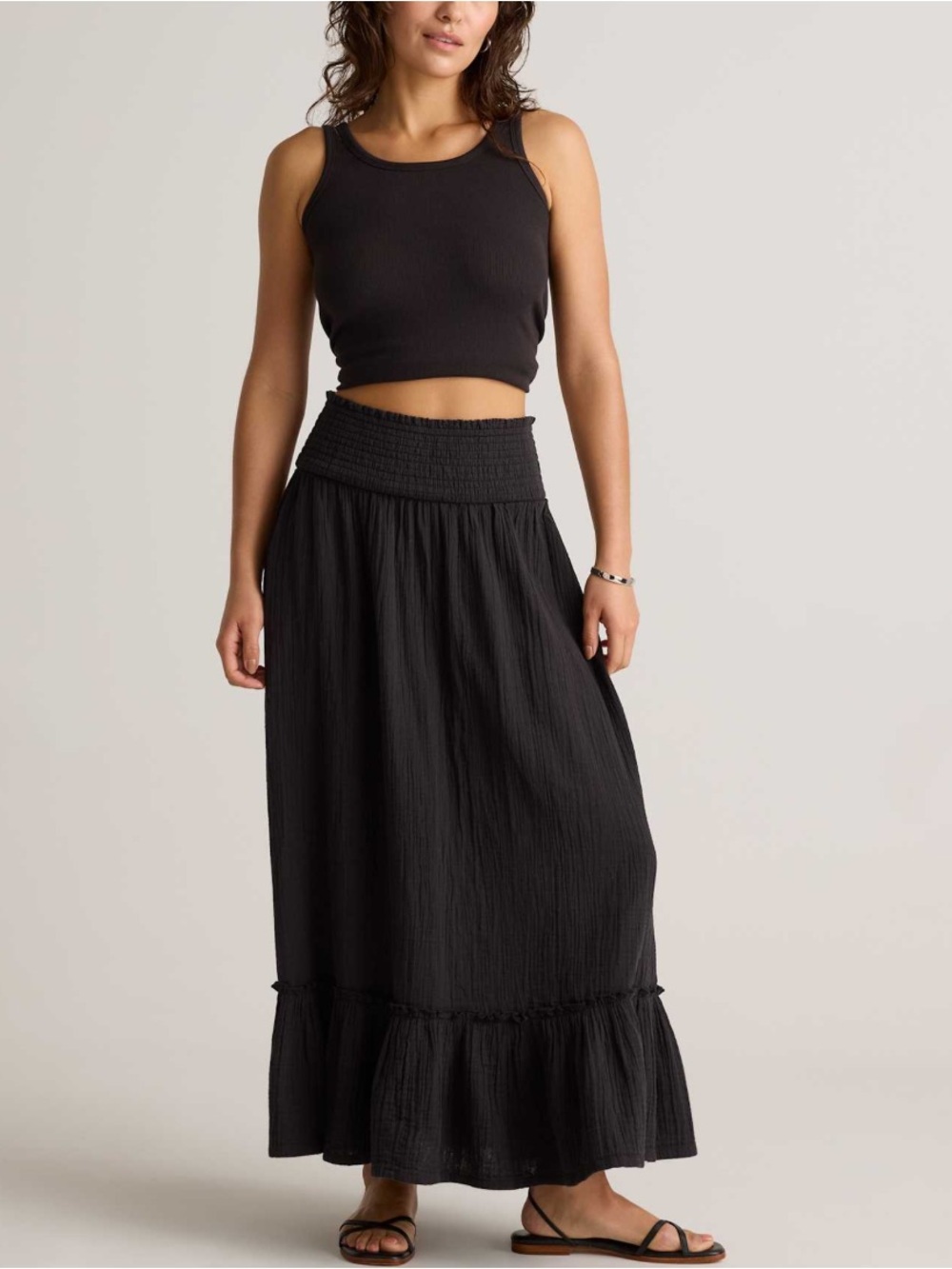Quince Black Gauze Maxi Skirt Organic Cotton MIDI Smocked XL